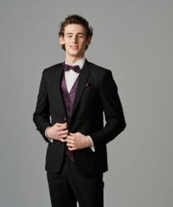 Hochzeitsanzug-Set in Schwarz mit violette Weste - Jetzt Online Mieten!