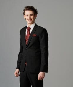 Stilvollen Hochzeitsanzug-Set in Schwarz mit bordeaux Weste im Vintage-Stil - Jetzt Online Mieten!