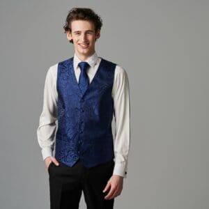 Beständige Ästhetik - Weste in Blau mit Paisley Muster. Jetzt online Mieten in der Schweiz. Anzug Westen mieten