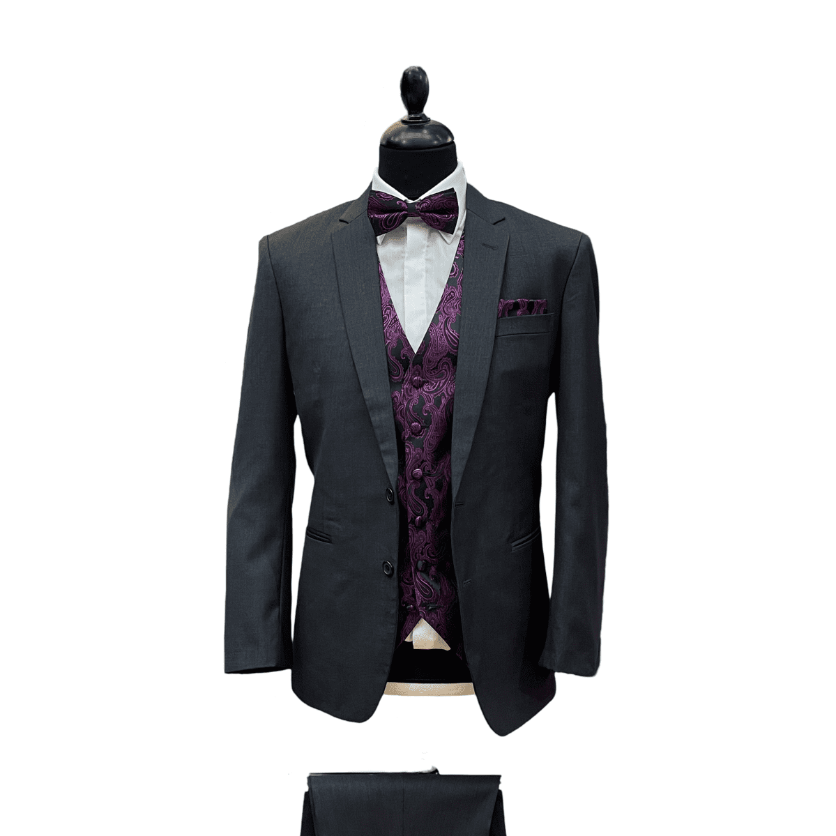 Hochzeitsanzug Set mieten in Anthrazit mit violette Weste zur Miete in der Schweiz